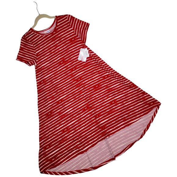 LuLaRoe Carly Dress Small Brushstroke Stripes Red White Hi-Low A-Line Swing - Picture 1 of 9